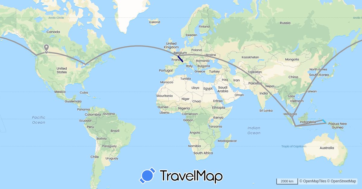 TravelMap itinerary: driving, plane, boat in Canada, France, Indonesia, South Korea, Singapore (Asia, Europe, North America)